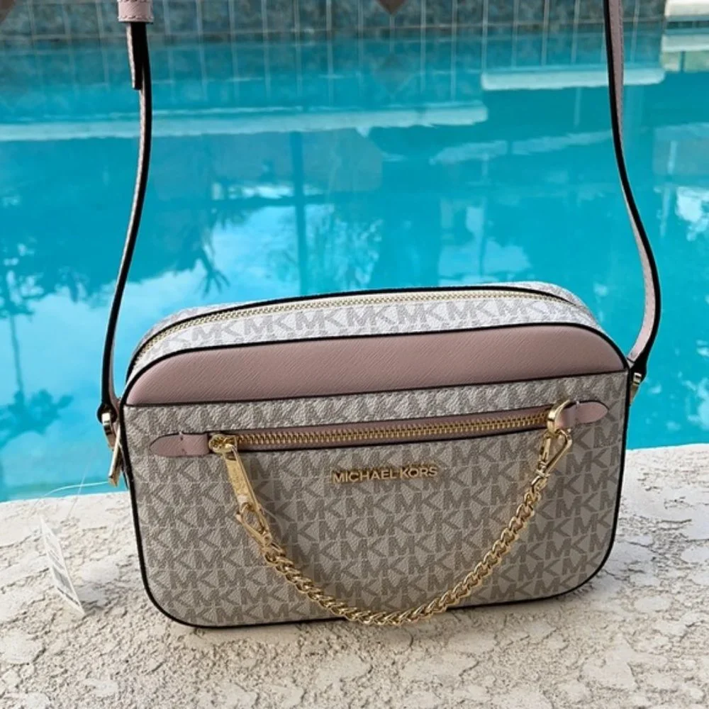 Michael Kors Jet Set Item Large East West Zip Chain Crossbody Powder Blush Multi - Picture 1 of 16